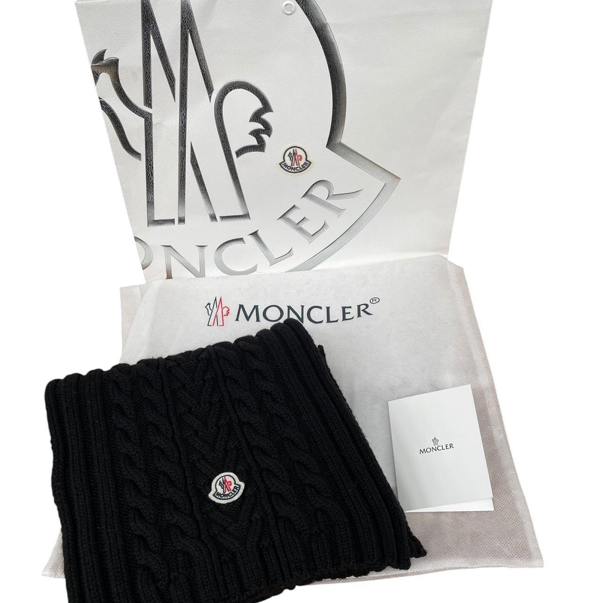 Moncler Virgin Wool Cable Knit Logo Scarf