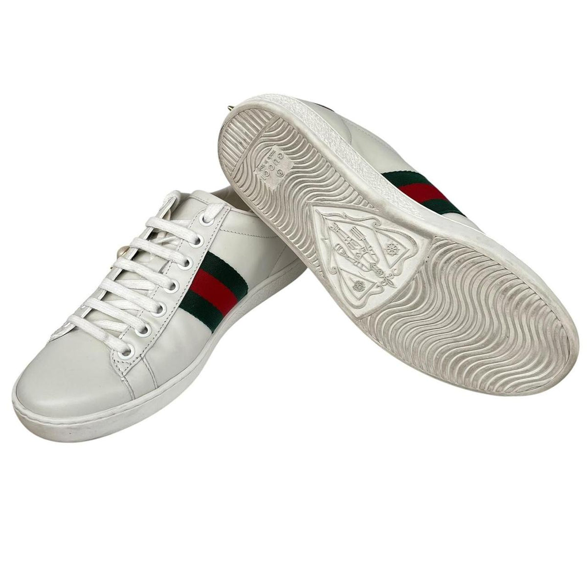 Gucci Ace Leather Pearl Studded Trainers UK 3