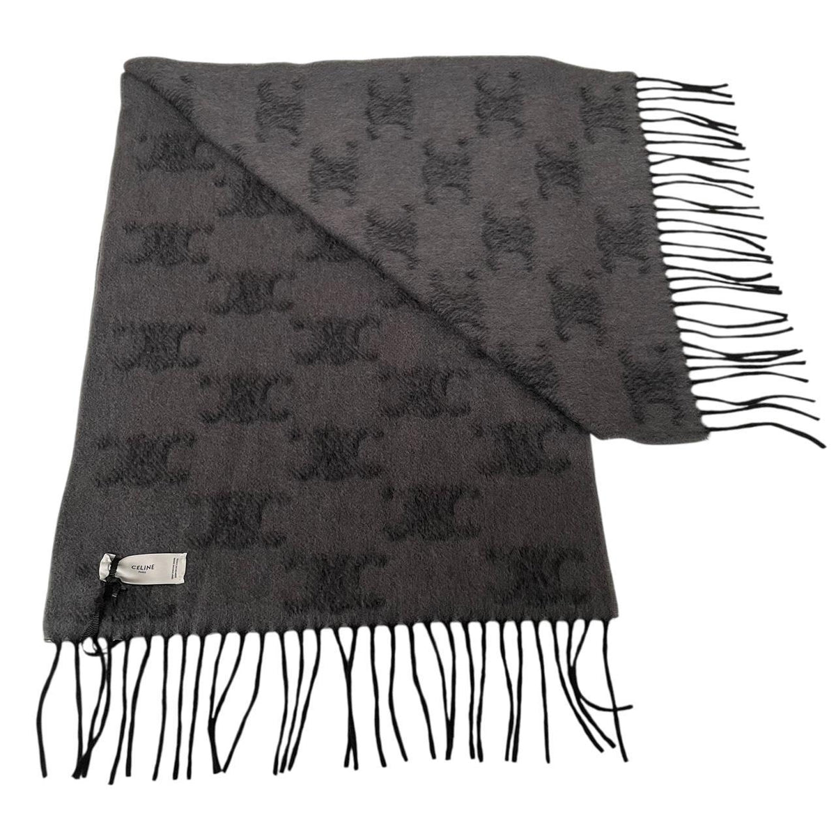 Celine Triomphe Fringed Monogram Cashmere Wool Scarf