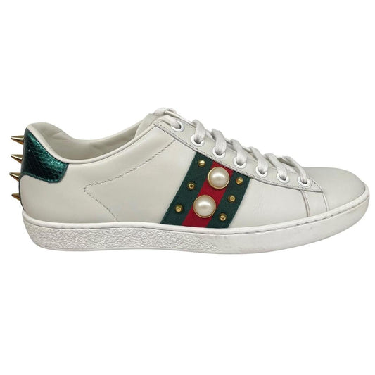 Gucci Ace Leather Pearl Studded Trainers UK 3
