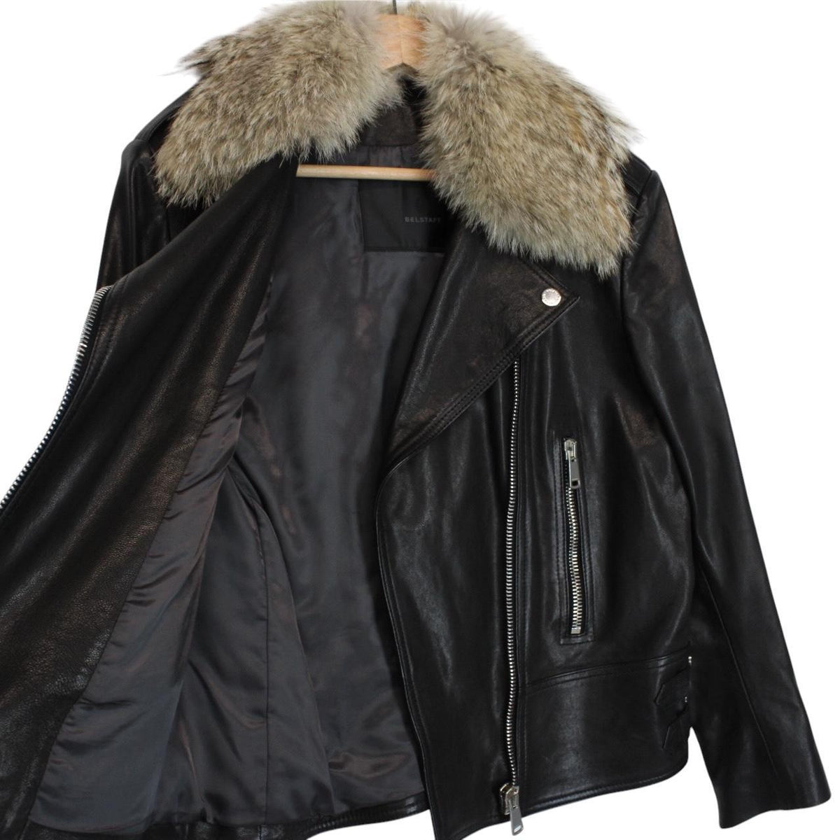 Belstaff Leather Coyote Fur Collar Biker Jacket Medium