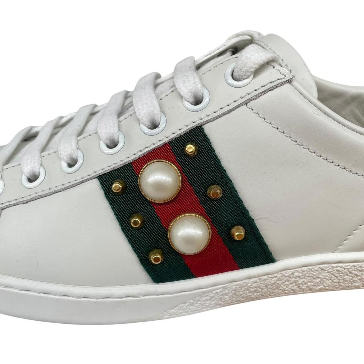 Gucci Ace Leather Pearl Studded Trainers UK 3
