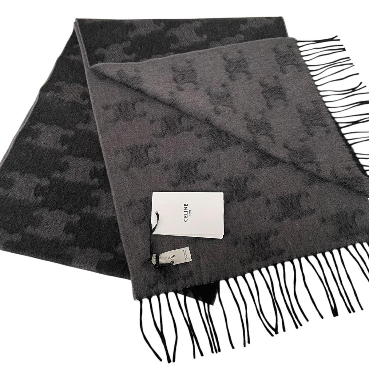 Celine Triomphe Fringed Monogram Cashmere Wool Scarf