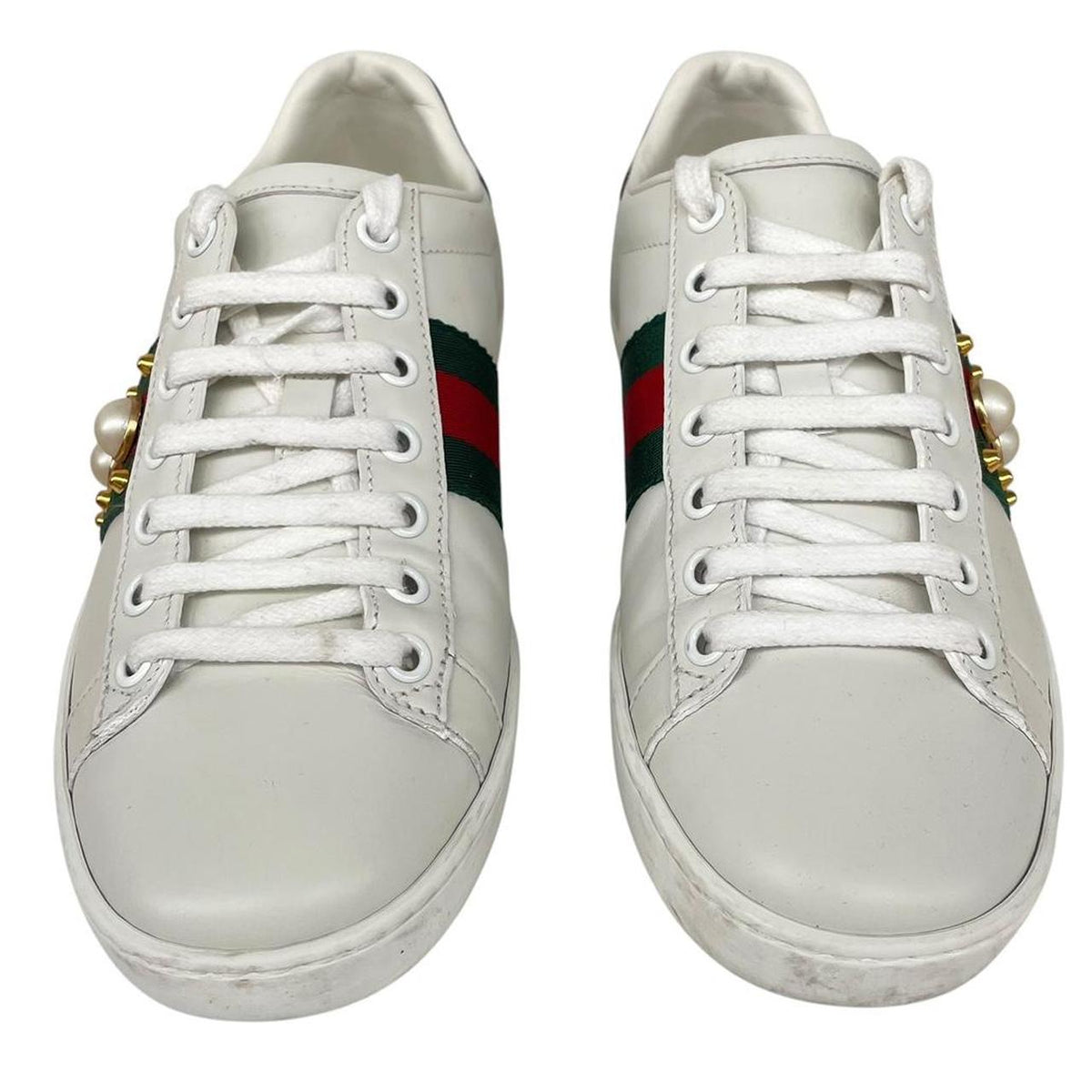 Gucci Ace Leather Pearl Studded Trainers UK 3