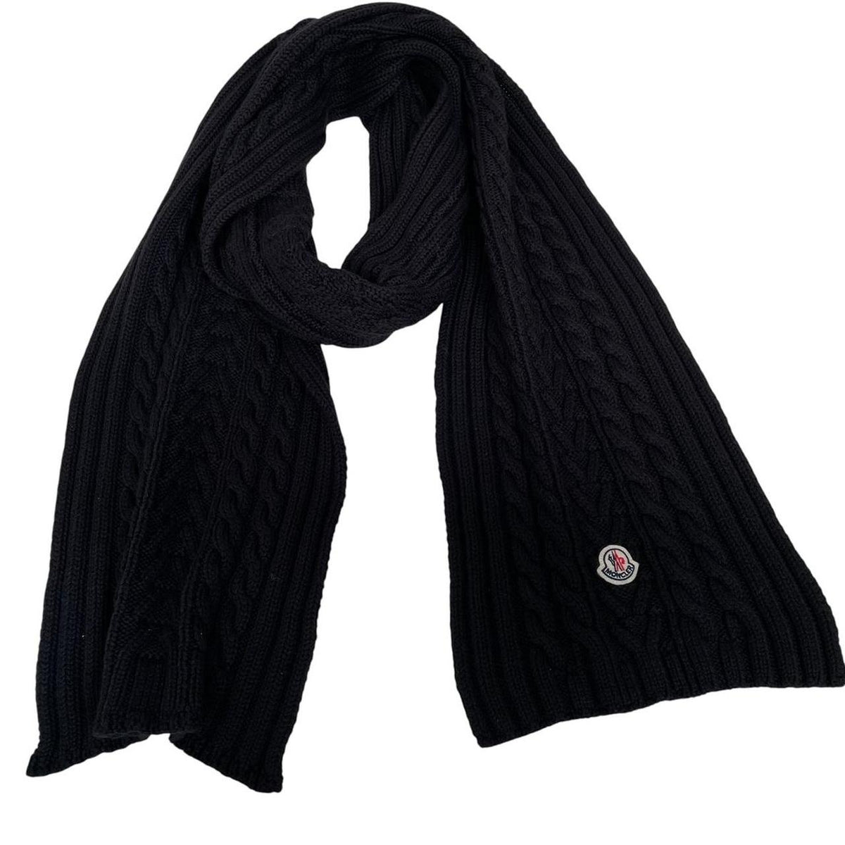 Moncler Virgin Wool Cable Knit Logo Scarf