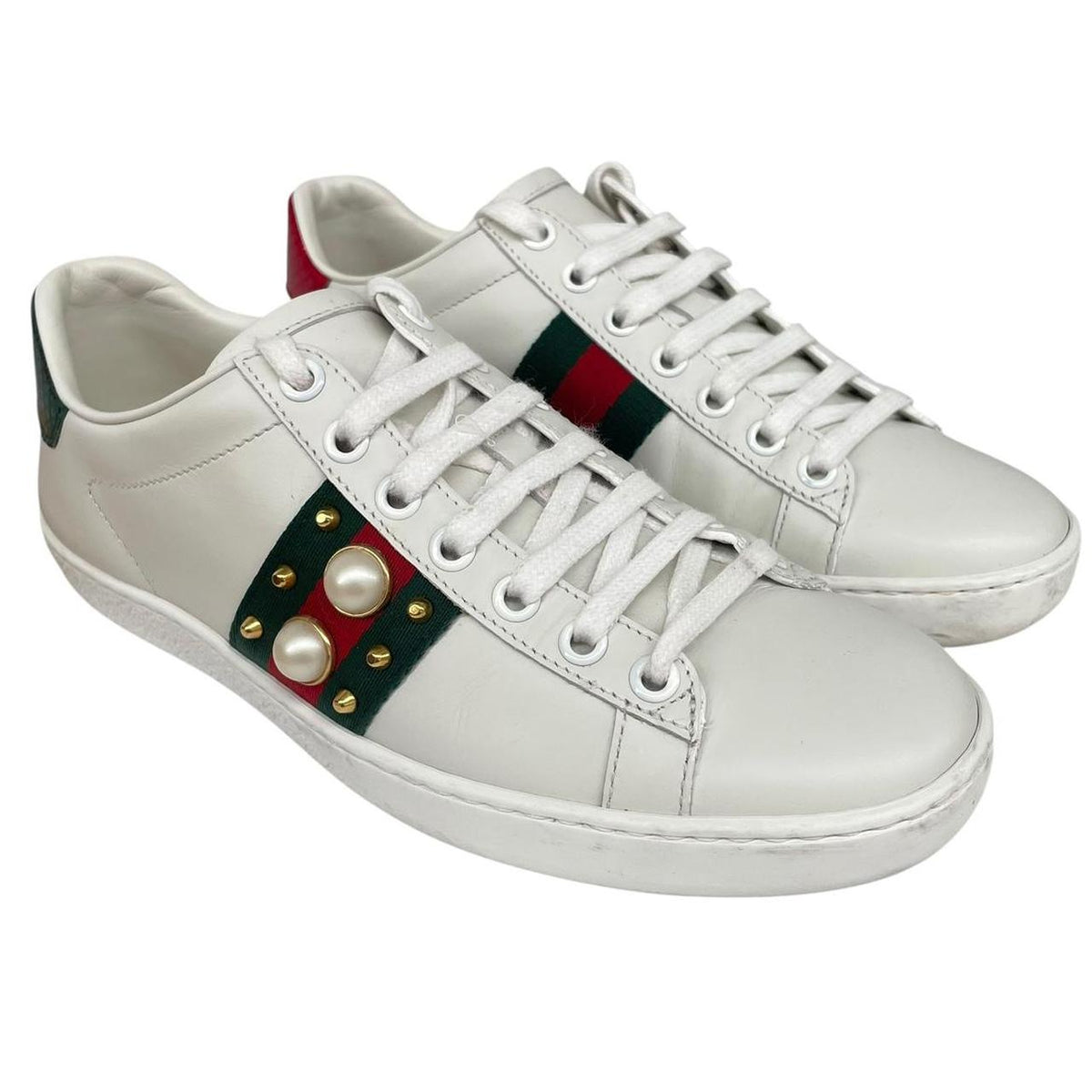 Gucci Ace Leather Pearl Studded Trainers UK 3